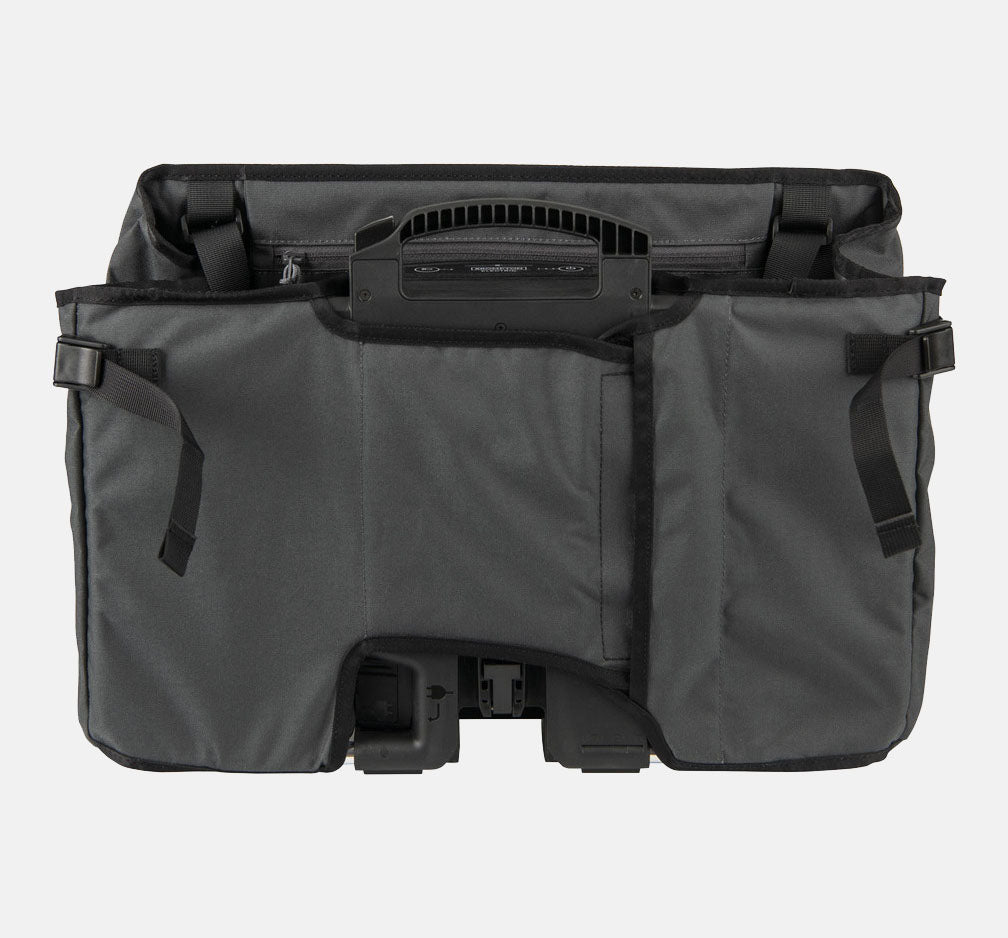 Brompton Electric Borough Basket Bag for Electric Folding Bikes Shown From Rear with Battery Clip