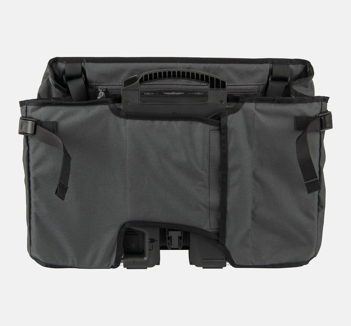 Brompton Electric Borough Basket Bag for Electric Folding Bikes Shown From Rear with Battery Clip