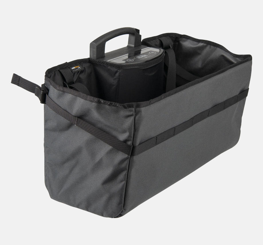 Brompton Electric Borough Basket Bag in Colour Dark Grey Shown from Side With Collapsable Straps