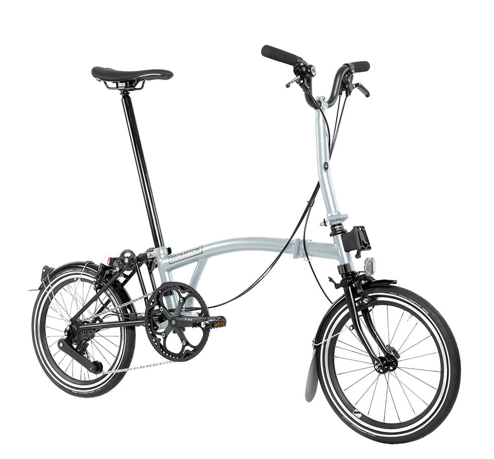 Brompton P Line Urban Folding Bike in Colour Lunar Ice with Mid Handlebar