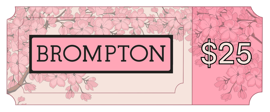 Illustration of a raffle ticket with cherry blossoms and the word Brompton and $25
