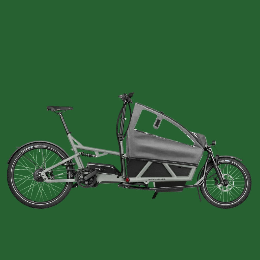 A gray Riese & Muller Load4 60 cargo bicycle with high sides and child cover, equipped with a Bosch electric motor and battery.