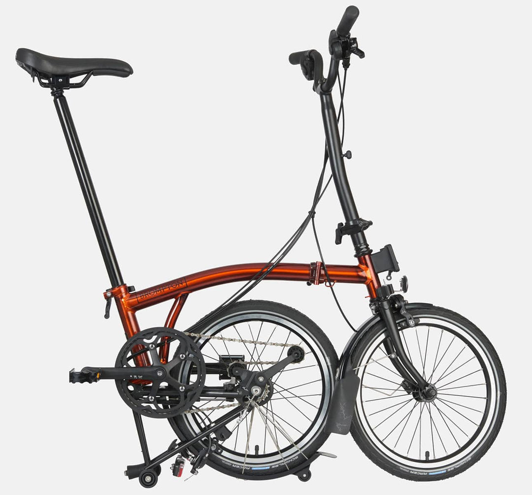 2023 Brompton C Line Explore High Handlebar folding bike in Flame Lacquer - Kickstand Mode