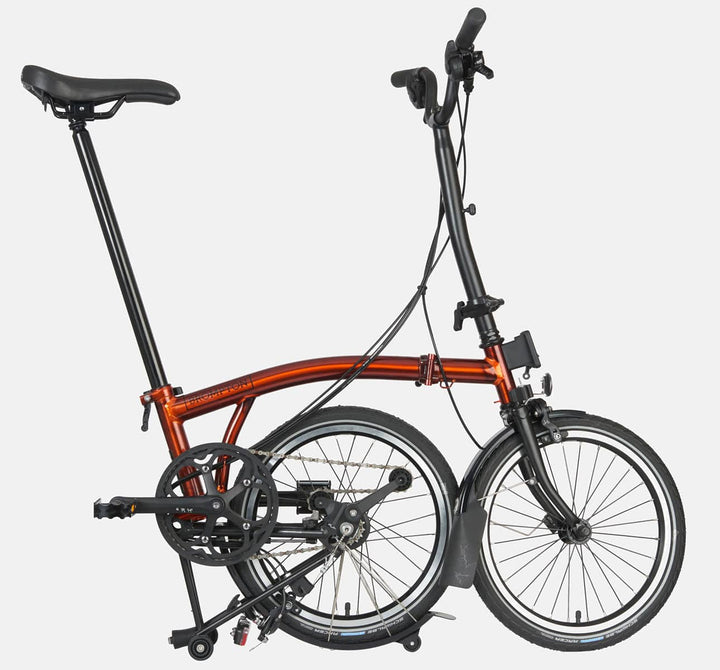 Brompton C Line Urban High Handlebar 2-speed folding bike in Flame Lacquer - kickstand mode