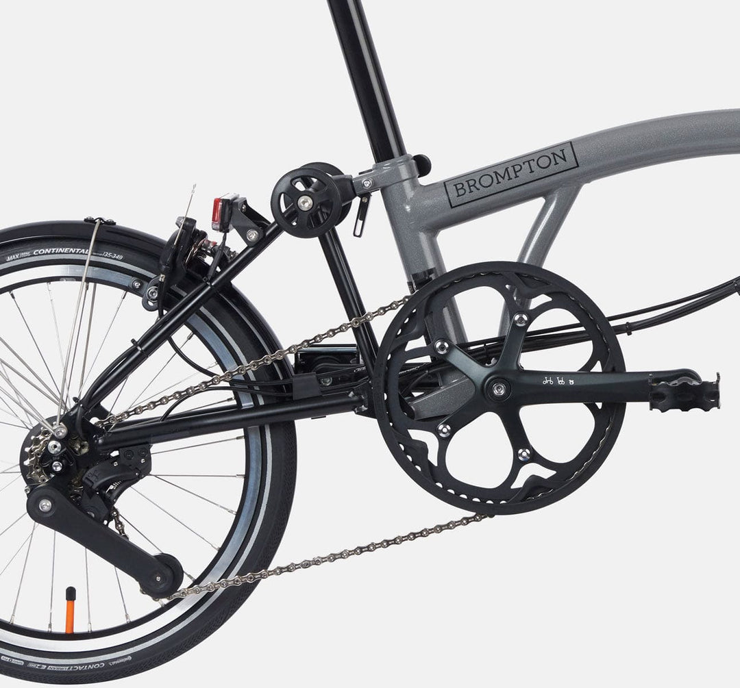 Brompton Electric P Line Mid Handlebar Superlight Folding E-Bike in Storm Grey Metallic - 4-speed rear derailleur