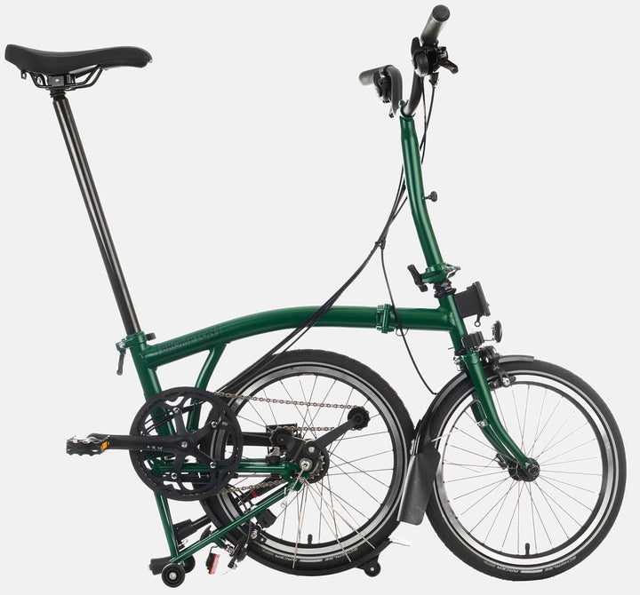 2023 Brompton C Line Urban Mid Handlebar 2-speed folding bike in Racing Green - kickstand mode