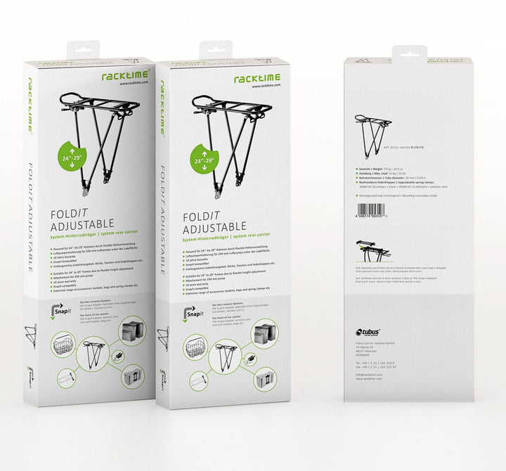 Racktime Foldit Adjustable Rear Pannier Rack with Snapit System in Packaging (1666272165939)