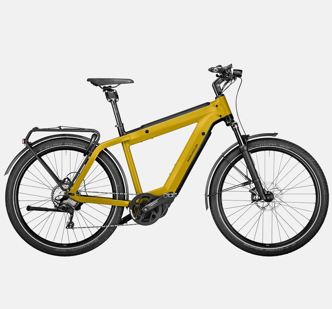 Riese & Muller Supercharger2 GT Touring Suspension E-Bike with Pannier Rack and Thudbuster Seatpost in Curry Matte (4719394553907)