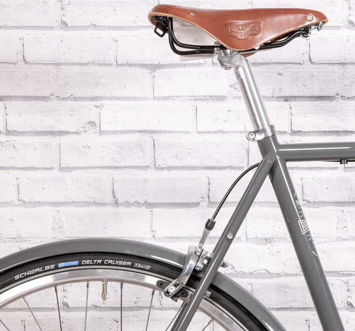 Pelago 3 Speed Bristol Large Traffic grey Vintage roadster rear upper detail with brooks b17 saddle (6613418770483)