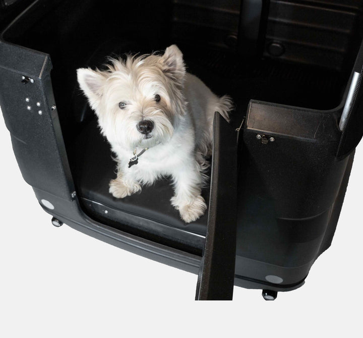 Black Iron Horse Polly Dog with Open Front Door Showing White Dog in Large Front Bucket