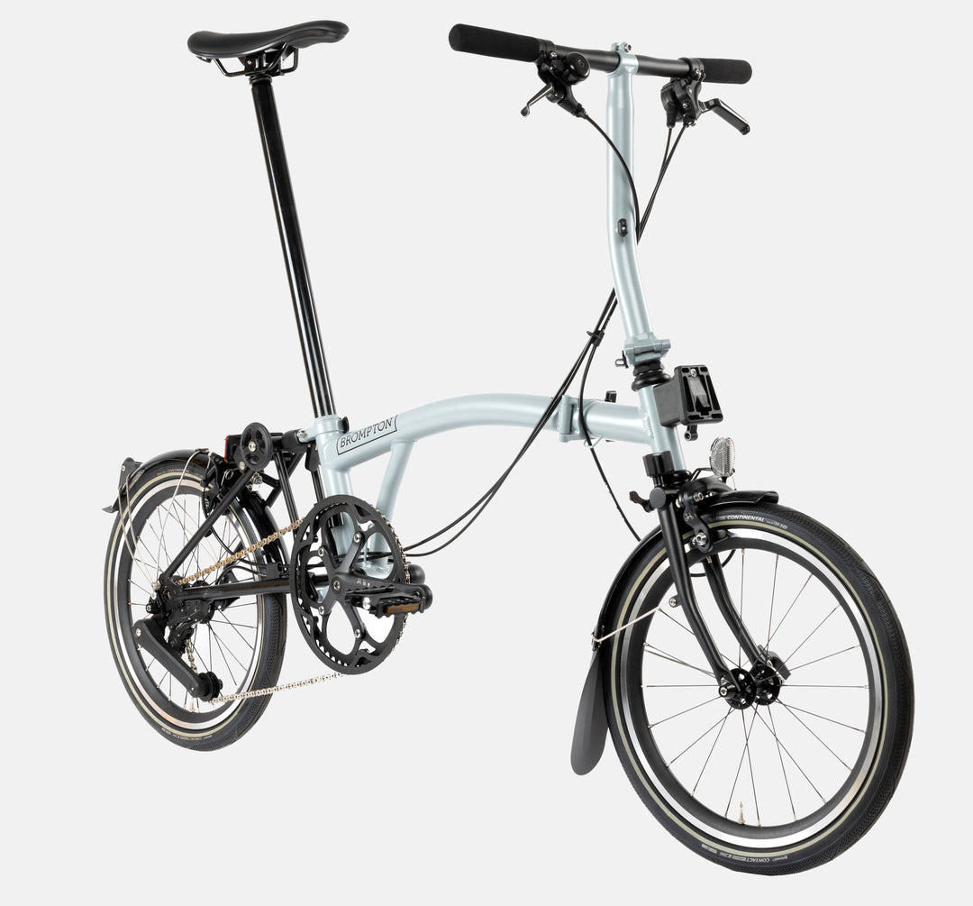 Brompton P Line Four Speed Folding Bike in Colour Lunar Ice with Low Handlebar