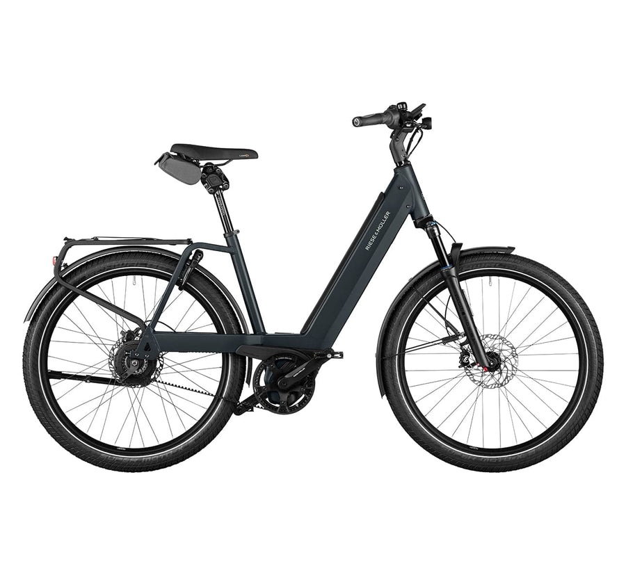 Riese and Muller Nevo 4 GT Electric Assist Bicycle with Vario Internal Gear Hub in Colour Dark Grey Matt with Chain Lock Bag