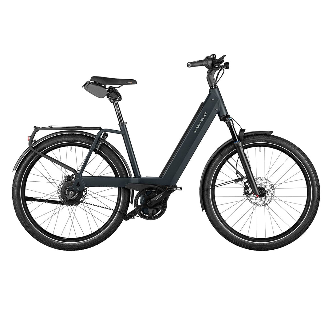 Riese and Muller Nevo 4 GT German Electric Assist Bike with Vario Internal Gear Hub in Colour Dark Grey Matt with Chain Lock Bag
