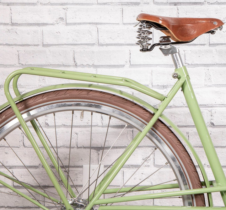 Achielle Louise in Pastel Green rear close up detail of rack and Brooks Leather Saddle. (6671281324083)