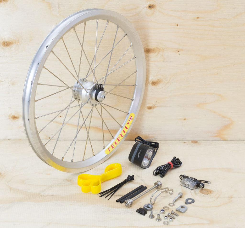 Brompton Dynamo Lighting System - Silver SP Dynamo SV9, Velocity Rim, Spanninga & B&M Lights (1396270530611)