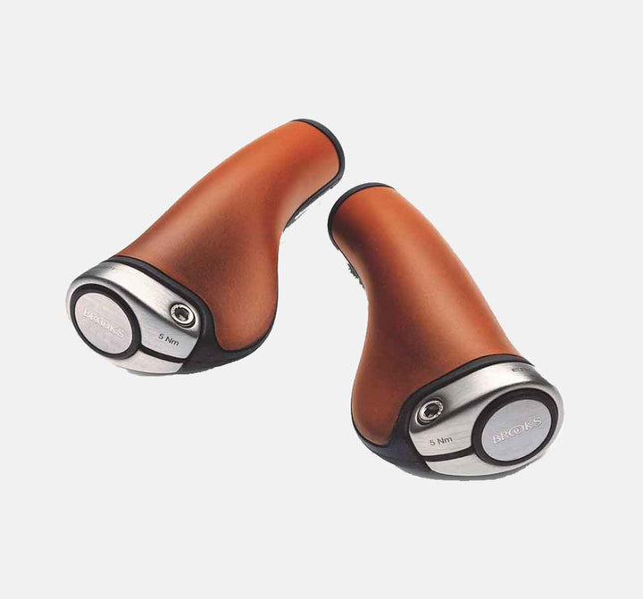 Brooks Ergon ergonomic leather grips in honey brown with silver ends (5251710211)