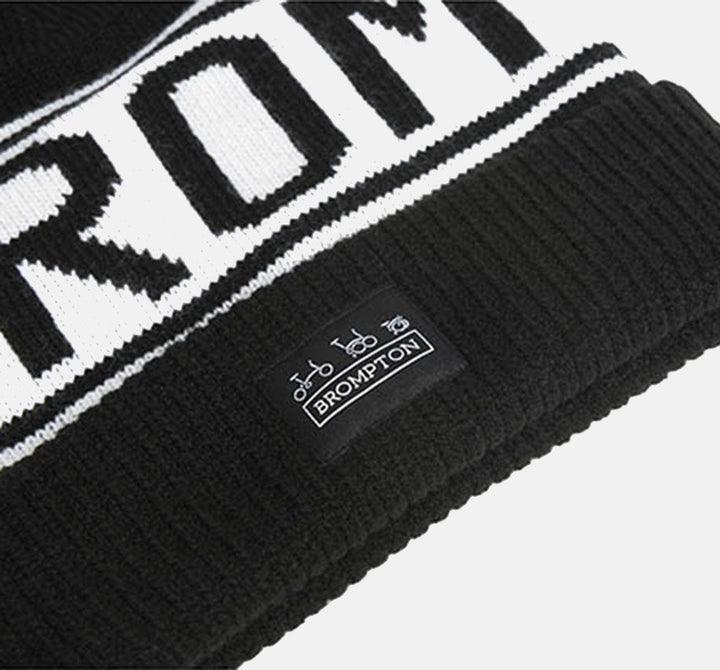 Brompton Logo Toque Knitted Beanie Hat in Black and White 100% Acrylic - Logo Detail (6642680266803)