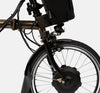 Brompton Electric C Line Explore 6 Speed Folding E-Bike in Premium Black Lacquer - Front Fork Detail (6604388630579)
