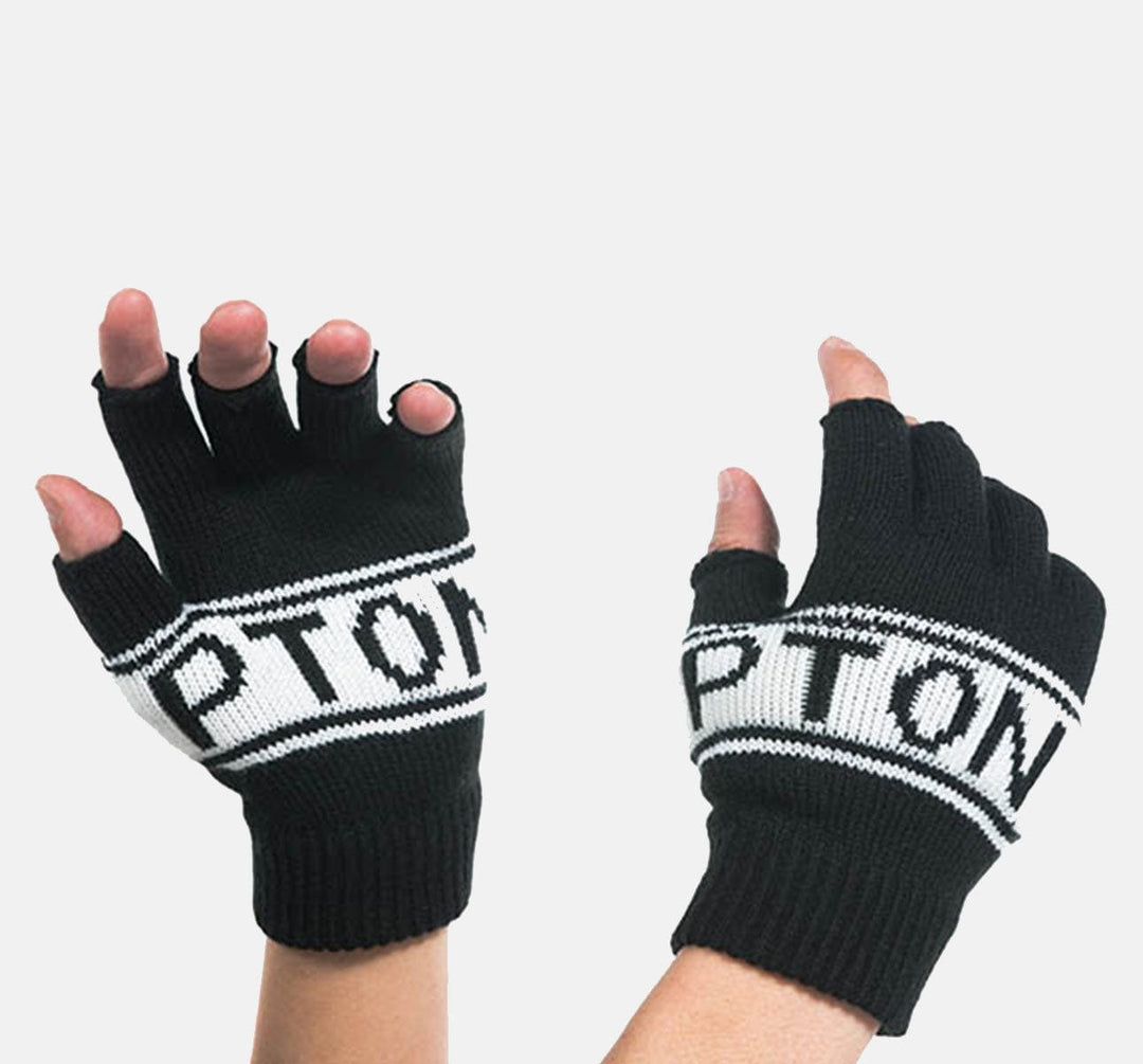 Brompton Knitted 100% Acrylic Fingerless Gloves in Black and White on Hands (6642682855475)