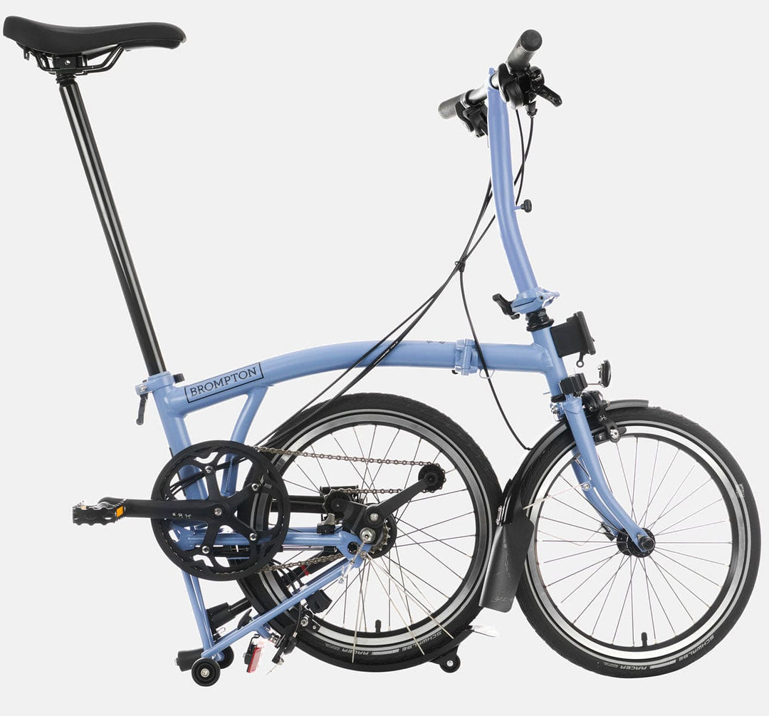 2023 Brompton C Line Explore Low Handlebar folding bike in Cloud Blue - kickstand mode