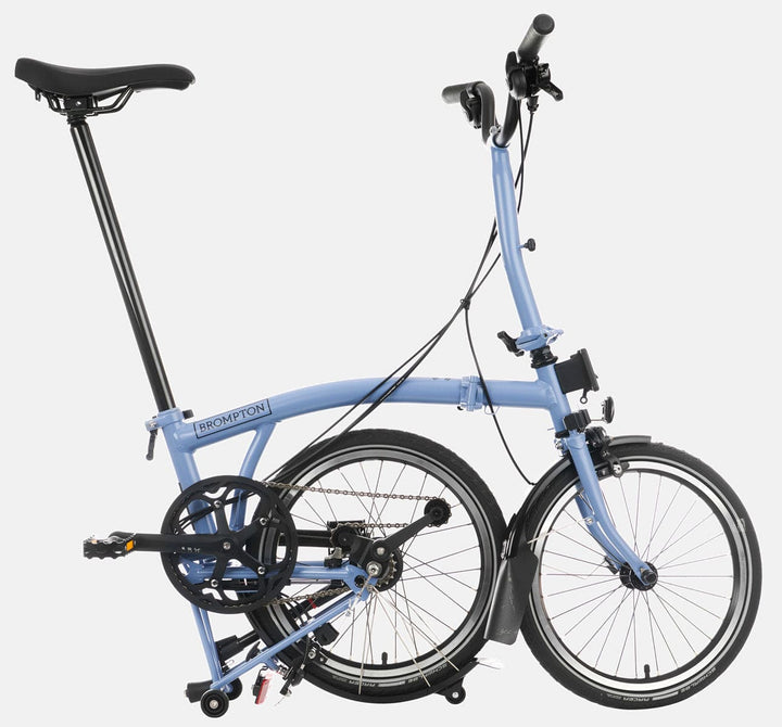 2023 Brompton C Line Urban Mid Handlebar 2-speed folding bike in Cloud Blue - kickstand mode