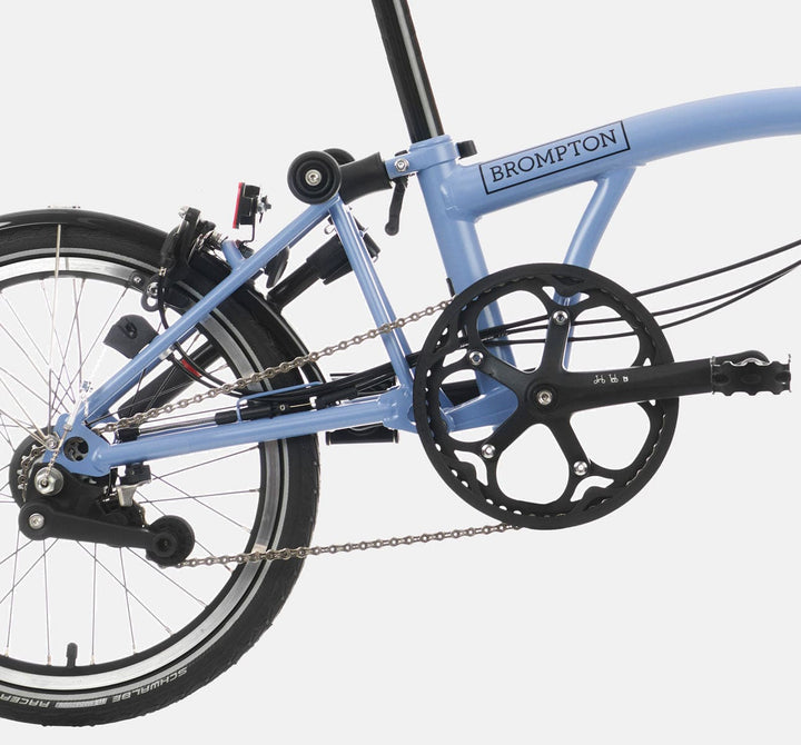 2023 Brompton C Line Explore Mid Handlebar 6-speed folding bike in Cloud Blue - drivetrain