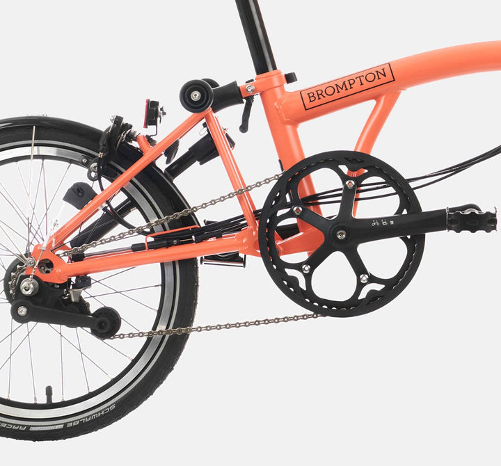 2023 Brompton C Line Urban Mid Handlebar 2-speed folding bike in Fire Coral - rear drivetrain