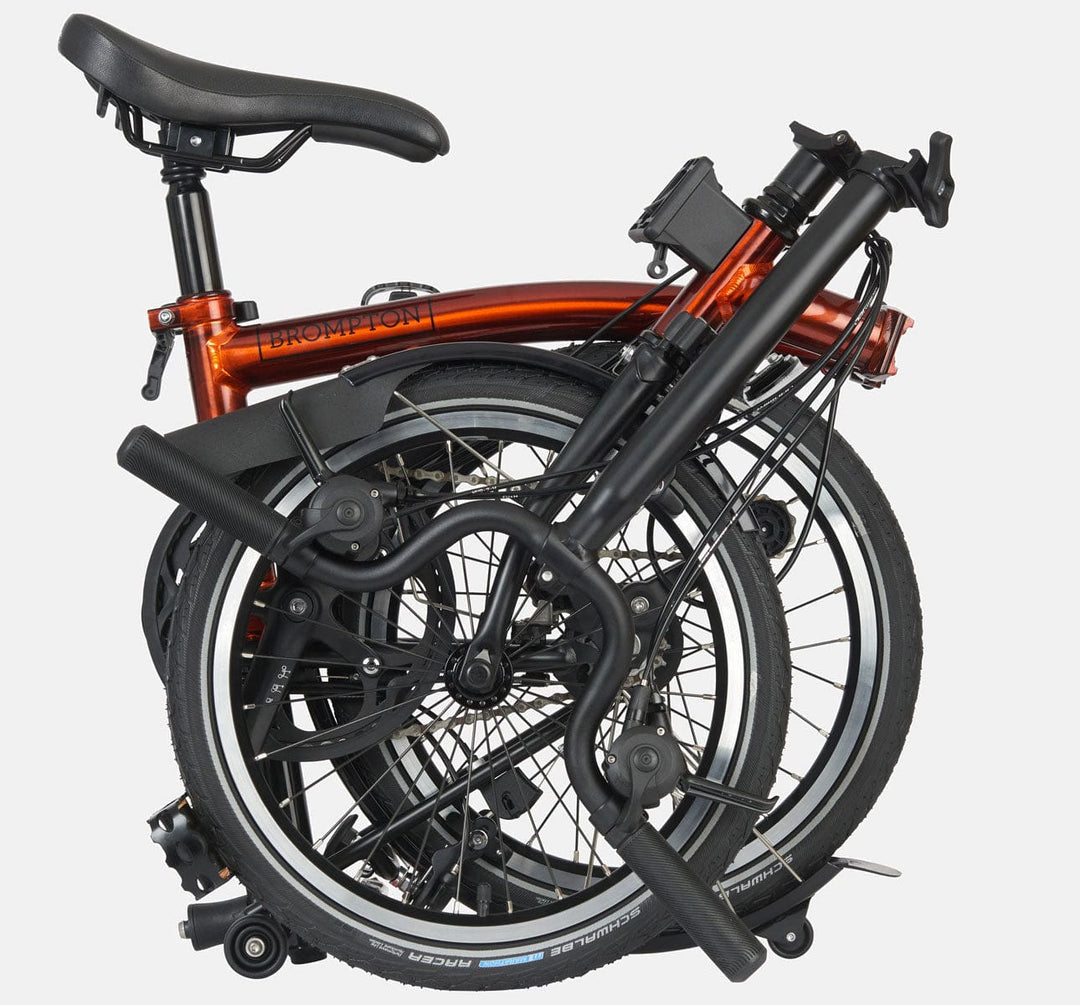 2023 Brompton C Line Explore High Handlebar 6-speed folding bike in Flame Lacquer - folded