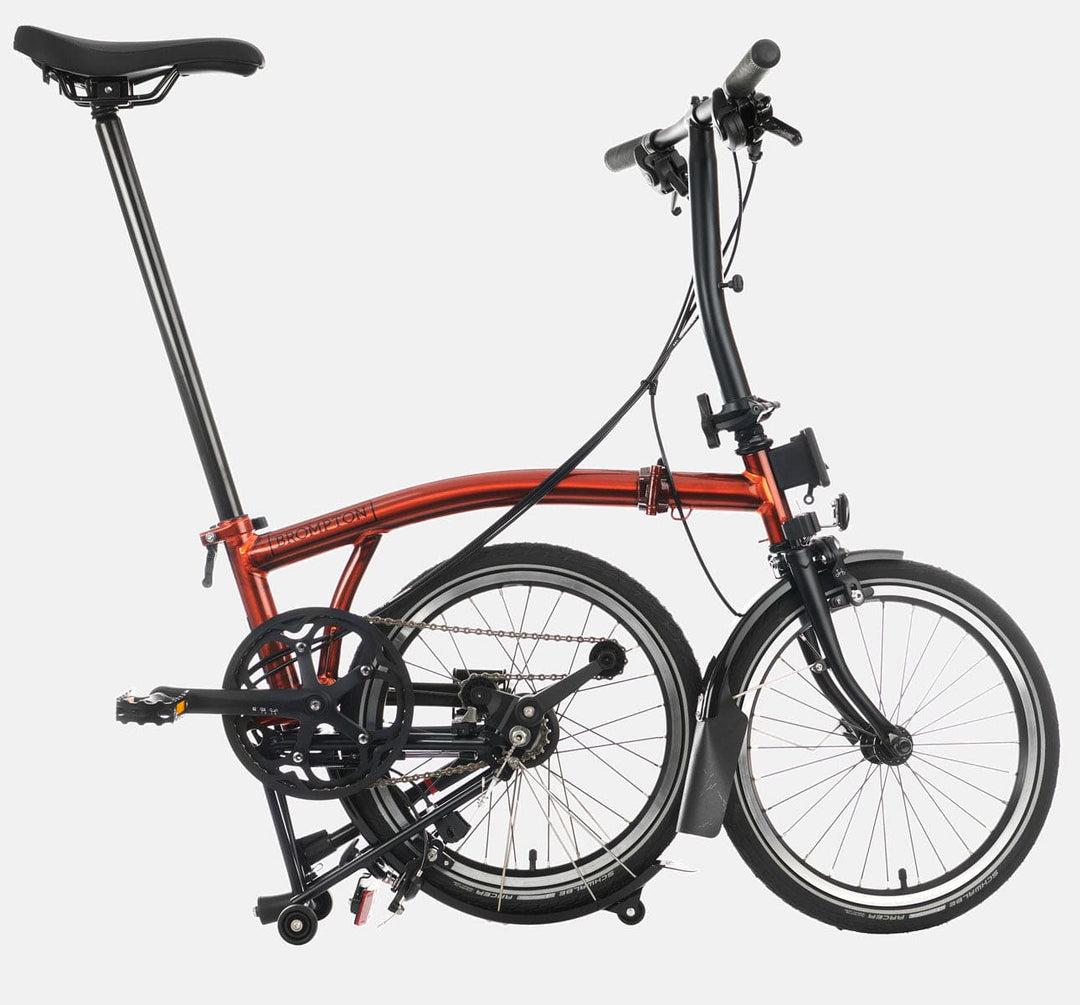 2023 Brompton C Line Urban Low Handlebar 2-speed folding bike in Flame Lacquer - kickstand mode