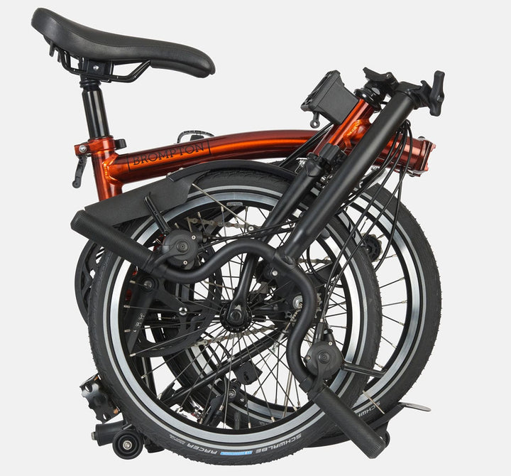 2023 Brompton C Line Explore Mid Handlebar 6 speed folding bike in Flame Lacquer - Folded
