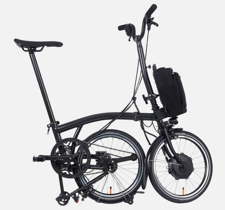 2023 Brompton Electric P Line Urban folding e-bike in Metallic Black - kickstand mode