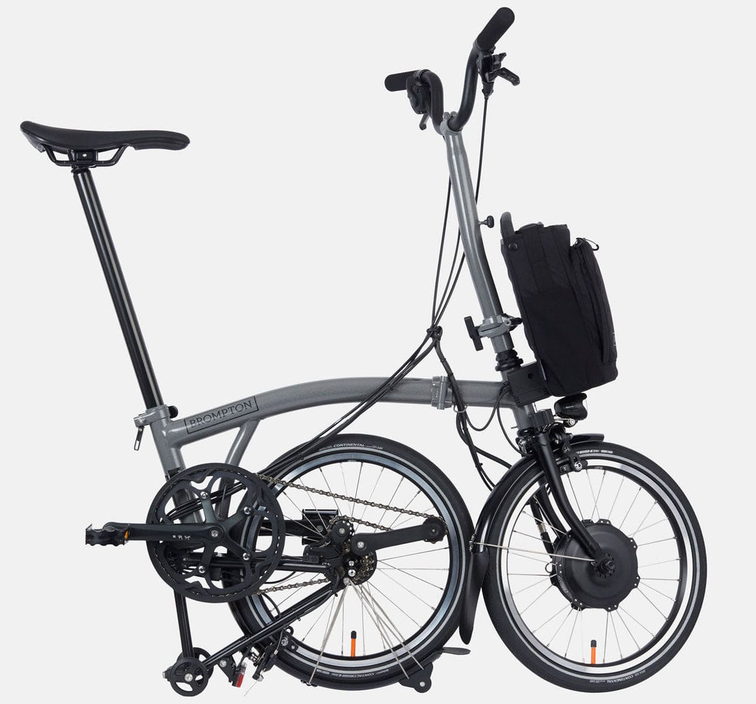 2023 Brompton Electric P Line Urban folding e-bike in Metallic Grey - kickstand mode