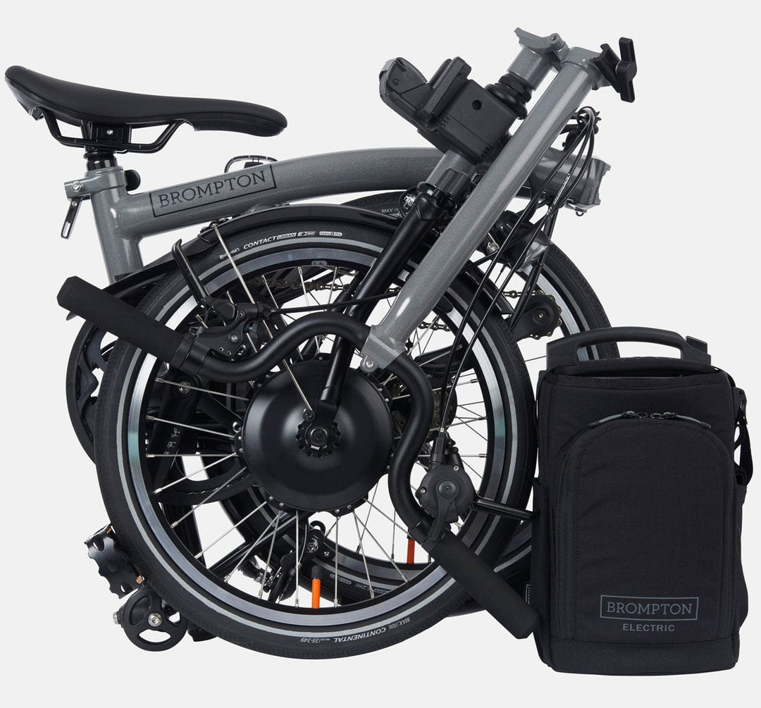 2023 Brompton Electric P Line Urban folding e-bike in Metallic Grey - folded