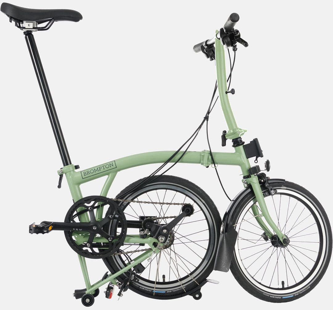 2023 Brompton C Line Explore Low Handlebar folding bike in Matcha Green - kickstand mode