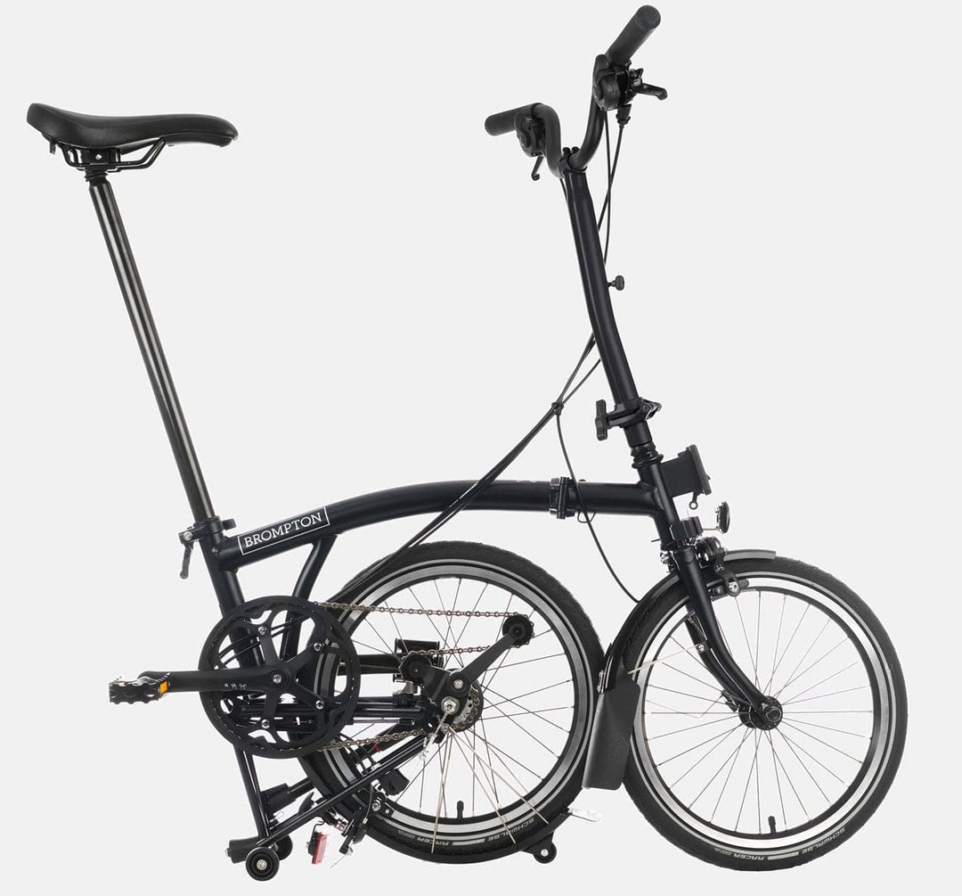 2023 Brompton C Line Explore High Handlebar 6-speed folding bike in Matte Black - kickstand mode