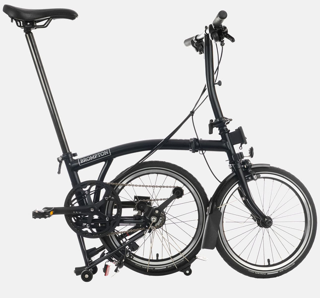 2023 Brompton C Line Urban Low Handlebar 2-speed folding bike in Black Matte - kickstand mode