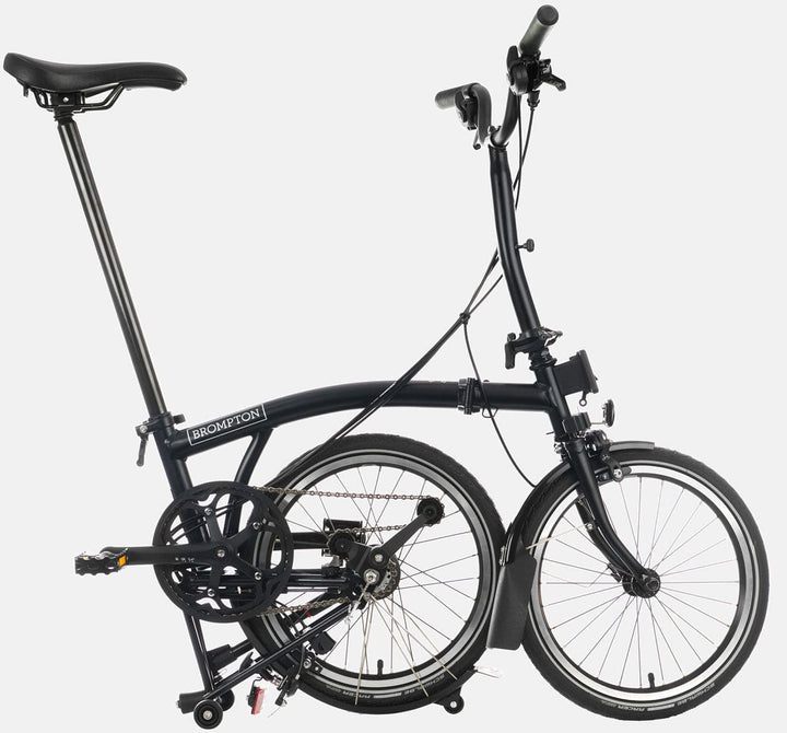 2023 Brompton C Line Urban Mid Handlebar 2-speed folding bike in Black Matt - kickstand mode