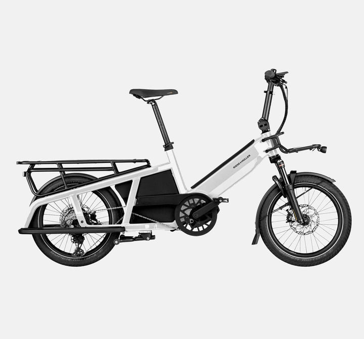 Riese & Muller Multitinker Longtail Cargo E-Bike in Pearl White and Black Matte