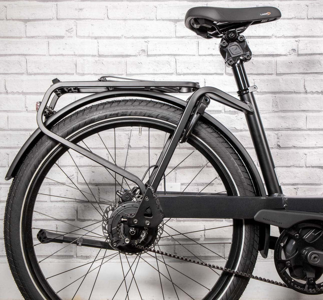 R&M Nevo3 GT Vario in Lunar Grey Metallic detail of the rear of the bike