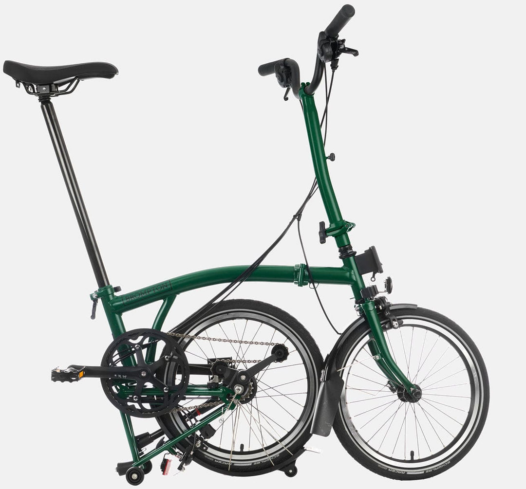 2023 Brompton C Line Explore High Handlebar 6-speed folding bike in Racing Green - kickstand mode