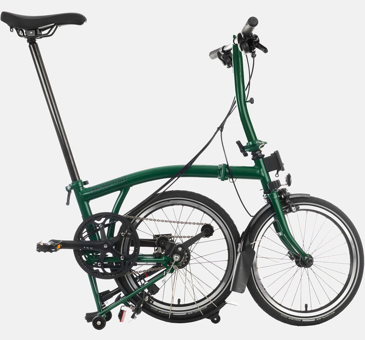 2023 Brompton C Line Explore Low Handlebar 6-speed folding bike in Racing Green - kickstand mode
