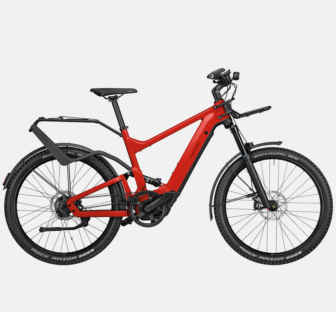 Riese & Muller Delite Rohloff Full Suspension Mountain E-Bike with Schwalbe Rock Razor Tires, Rack, and Front Carrier in Chili Matte (4719359131699)