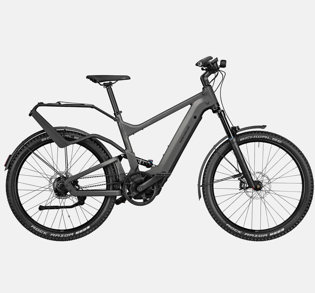 Riese & Muller Delite Rohloff Full Suspension Mountain E-Bike with Schwalbe Rock Razor Tires and Rack in Urban Grey Matte (4719359131699)