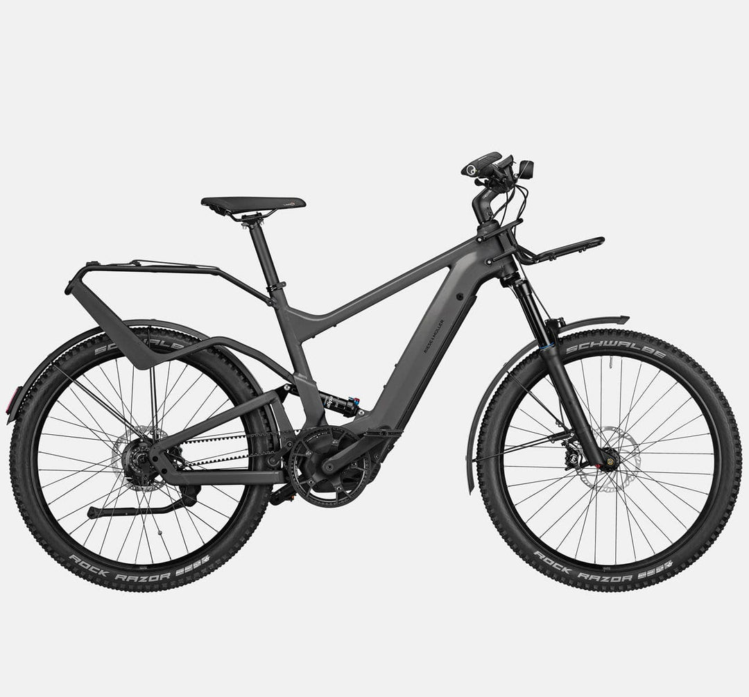 Riese & Muller Delite Rohloff Full Suspension Mountain E-Bike with Schwalbe Rock Razor Tires, Rack, and Front Carrier in Urban Grey Matte (4719359131699)