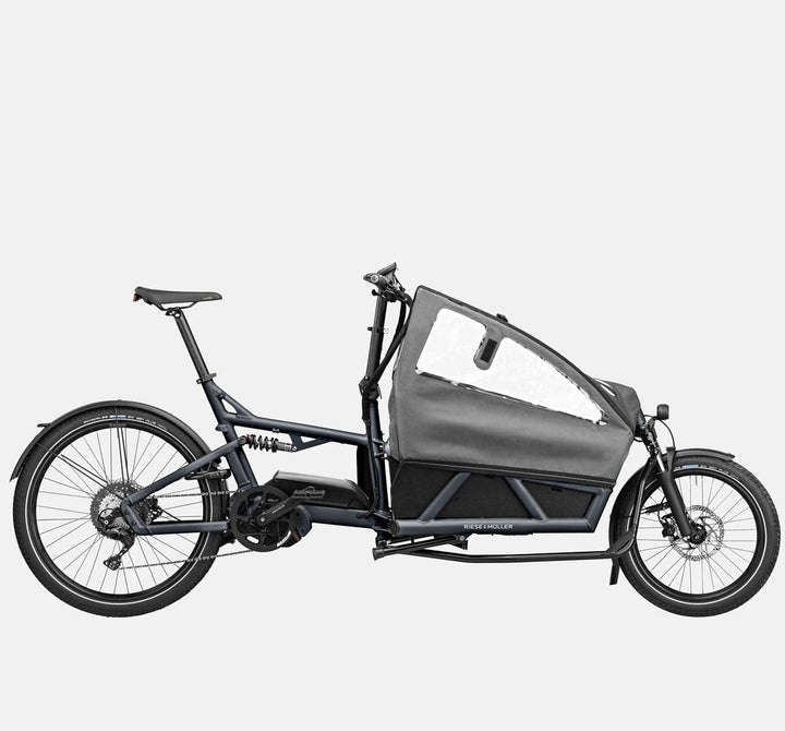 Riese & Muller Load 60 Full Suspension E-Cargo Bike in Coal Grey Matte with Child Seats and Canopy (4711051853875)