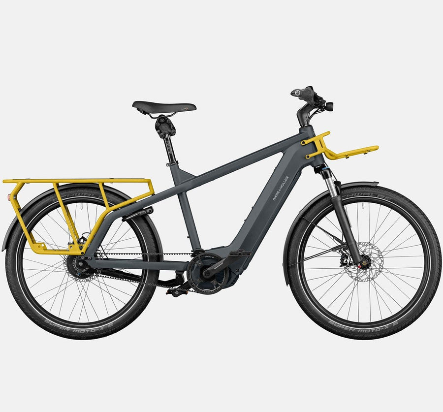 Riese & Muller Multicharger GT Vario 750 Suspension E-Bike with Thudbuster Seatpost and SuperMoto-X Tires in Utility Grey and Curry Matte (6629677432883)