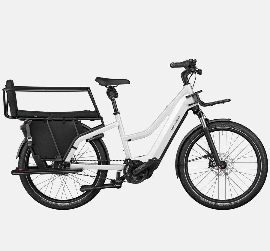 Riese & Muller Multicharger Mixte GT Vario 750 Suspension E-Bike with Safety Bar Child Passenger Kit and Thudbuster Seatpost in Pearl White & Black Matte (6629682053171)
