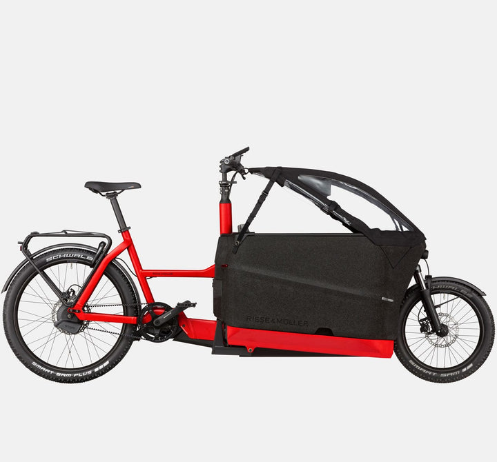 Riese & Muller Packster 70 Automatic Suspension Cargo E-Bike with Schwalbe Smart Sam Plus Tires and Child Rain Canopy (Open) in Chili Matte (GX Spec) (4711747190835)