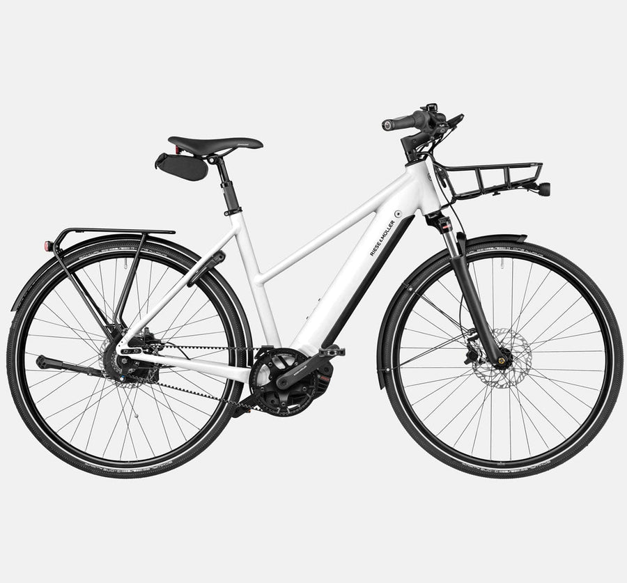 Riese & Muller Roadster Mixte Vario Suspension City E-Bike with Front Carrier, Comfort Kit and Rear Rack in Crystal White (4719364603955)