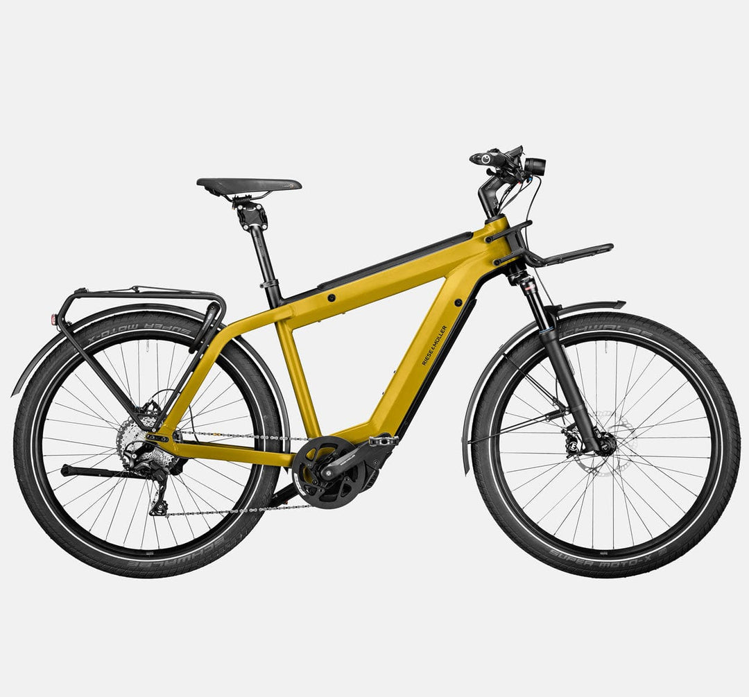 Riese & Muller Supercharger2 GT Touring Suspension E-Bike with Front Carrier, Pannier Rack, and Thudbuster Seatpost in Curry Matte (4719394553907)